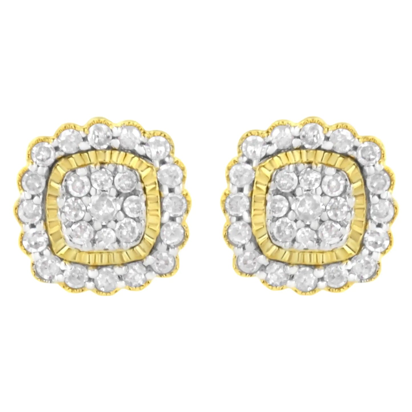 10K Yellow Gold Plated .925 Sterling Silver 1/2 cttw Round-Cut Diamond Halo Sunburst Stud Earrings (I-J Color, I2-I3 Clarity)