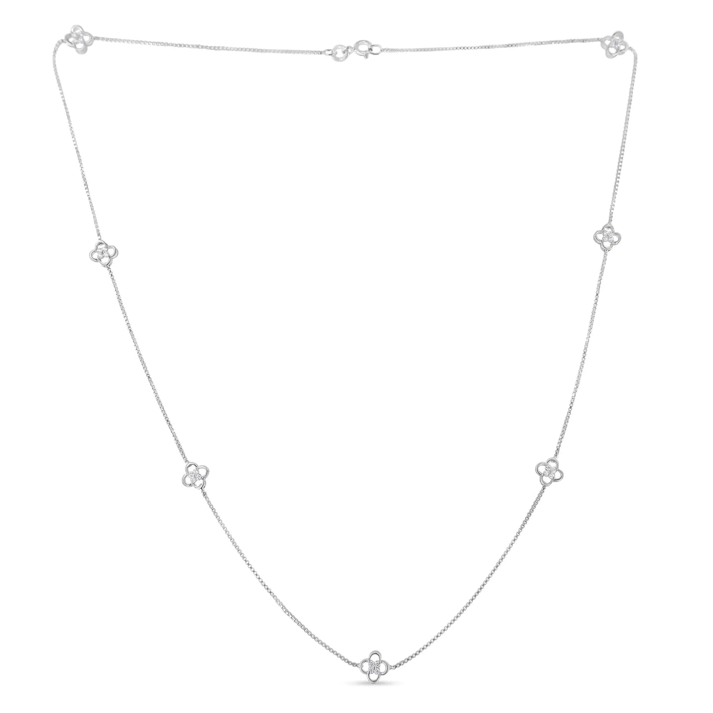 .925 Sterling Silver 1/4 Cttw Diamond Open Quatrefoil Flower Floating Station 18" Necklace (I-J Color, I1-I2 Clarity)