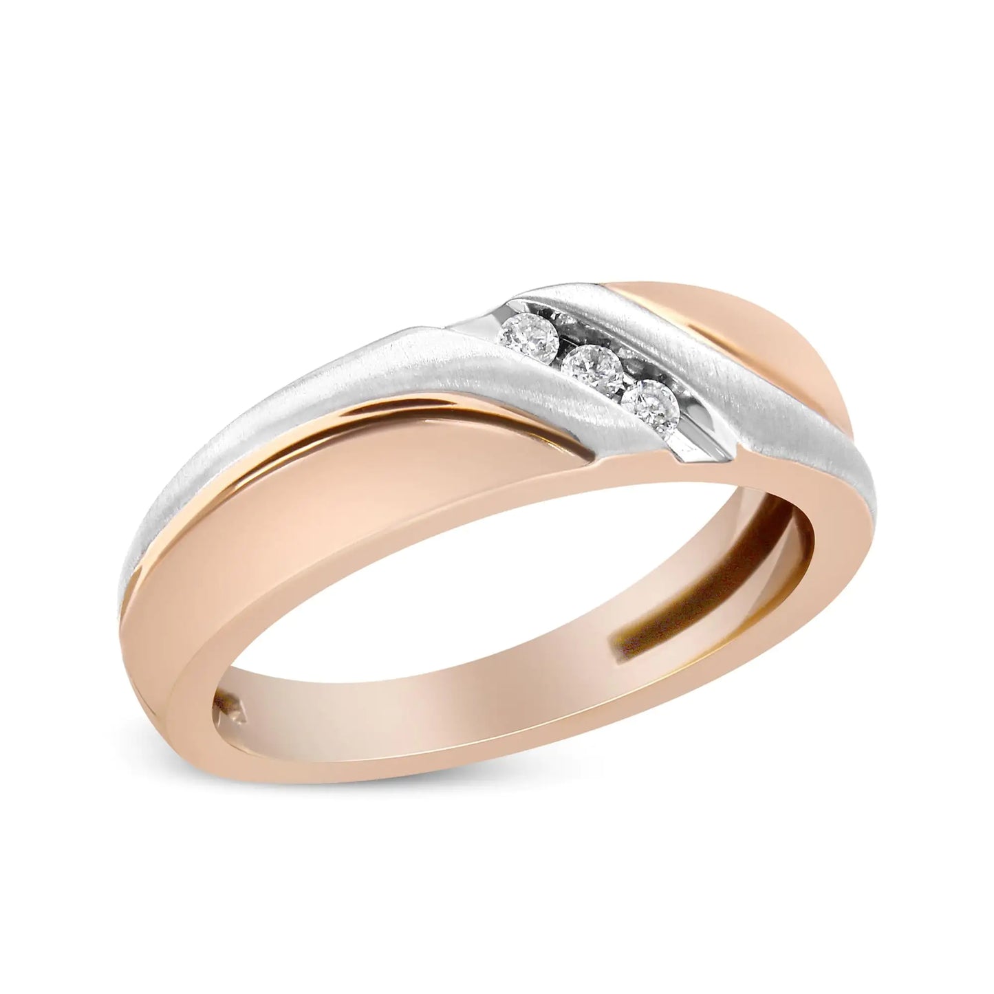 10K White and Rose Gold 1/10 Cttw 3-Stone Tension Slant Band Matte Finish Ring for Men (I-J Color, I2-I3 Clarity)