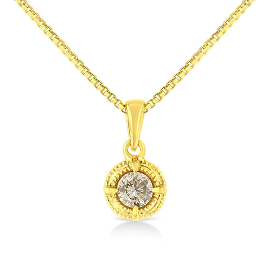 14K Yellow Gold Plated .925 Sterling Silver Brilliant Round Cut Diamond Solitaire Milgrain 18" Pendant Necklace