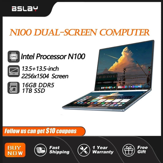 Tablet Intel N100 13.5+13.5 inch Double-Screen Netbook 16GB DDR5 1TB SSD 2256*1504 Screen HD Camera Windows 11 Protable Laotop