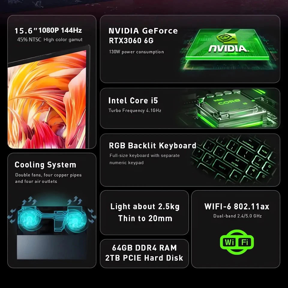 15.6" Laptop Core i5 NVIDIA RTX 3060 6G Discrete Graphics Card RGB Backlit Keyboard 64G RAM+1TB SSD Notebook Pc gamer Computer