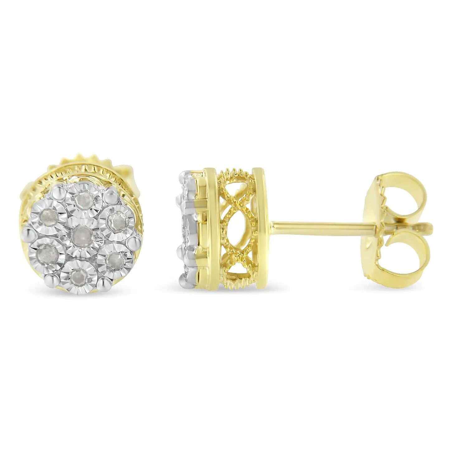 14K Yellow Gold Plated .925 Sterling Silver 1/7 Cttw Diamond Miracle Set Stud Earrings (I-J Color, I3 Promo Clarity)