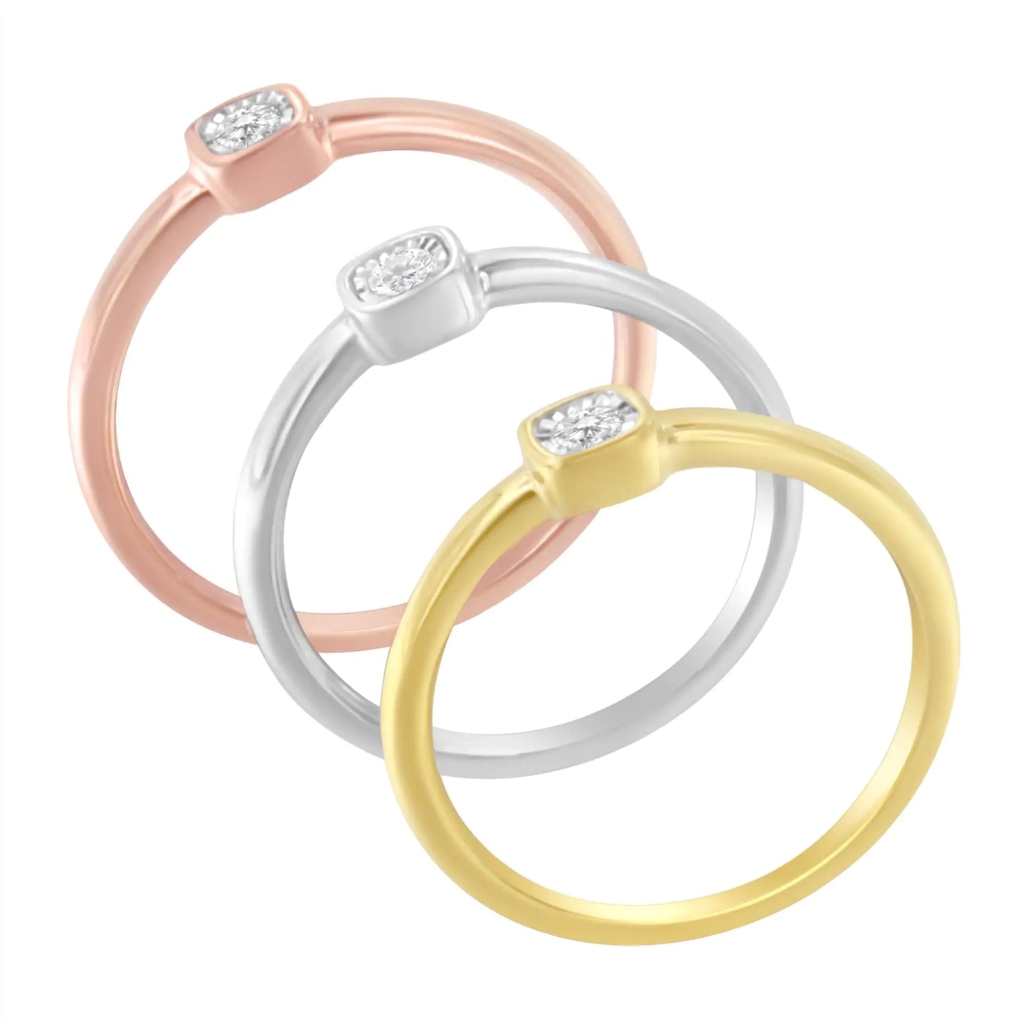 Tri-Color 14K Gold Plated .925 Sterling Silver 1/6 Carat Diamond Square Cushion-Shaped Miracle Set Petite Fashion Promise Ring Set (J-K Color, I1-I2 Clarity)