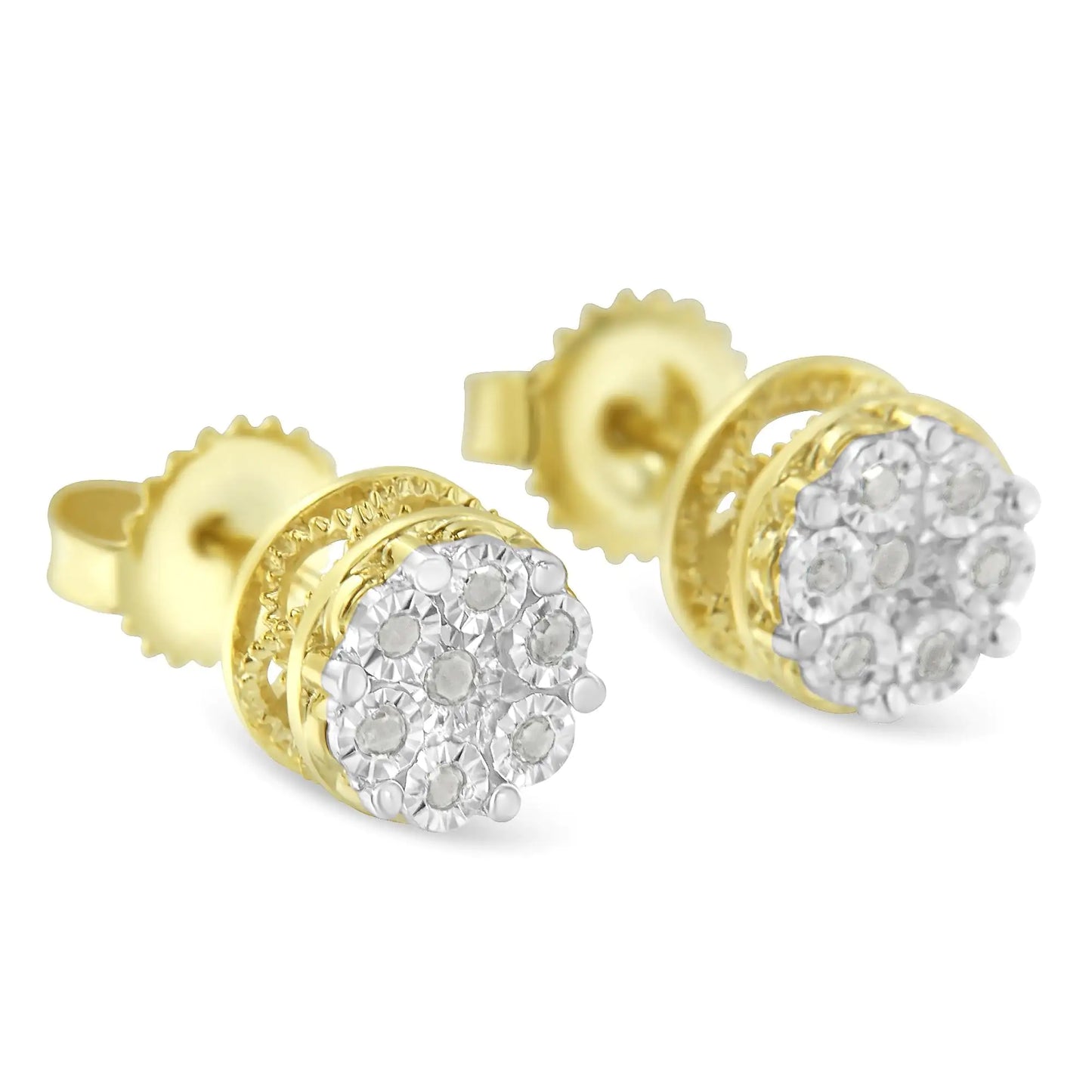 14K Yellow Gold Plated .925 Sterling Silver 1/7 Cttw Diamond Miracle Set Stud Earrings (I-J Color, I3 Promo Clarity)