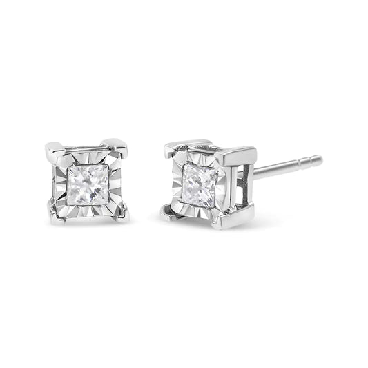 .925 Sterling Silver Miracle Set Princess-Cut Diamond Solitaire Stud Earrings (I-J Color, SI1-SI2 Clarity)