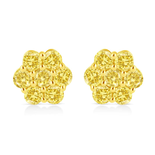 .925 Sterling Silver  Prong Set Round-Cut Treated Colored Diamond Floral Cluster Stud Earring - Choice of Diamond Colors and Total Weights