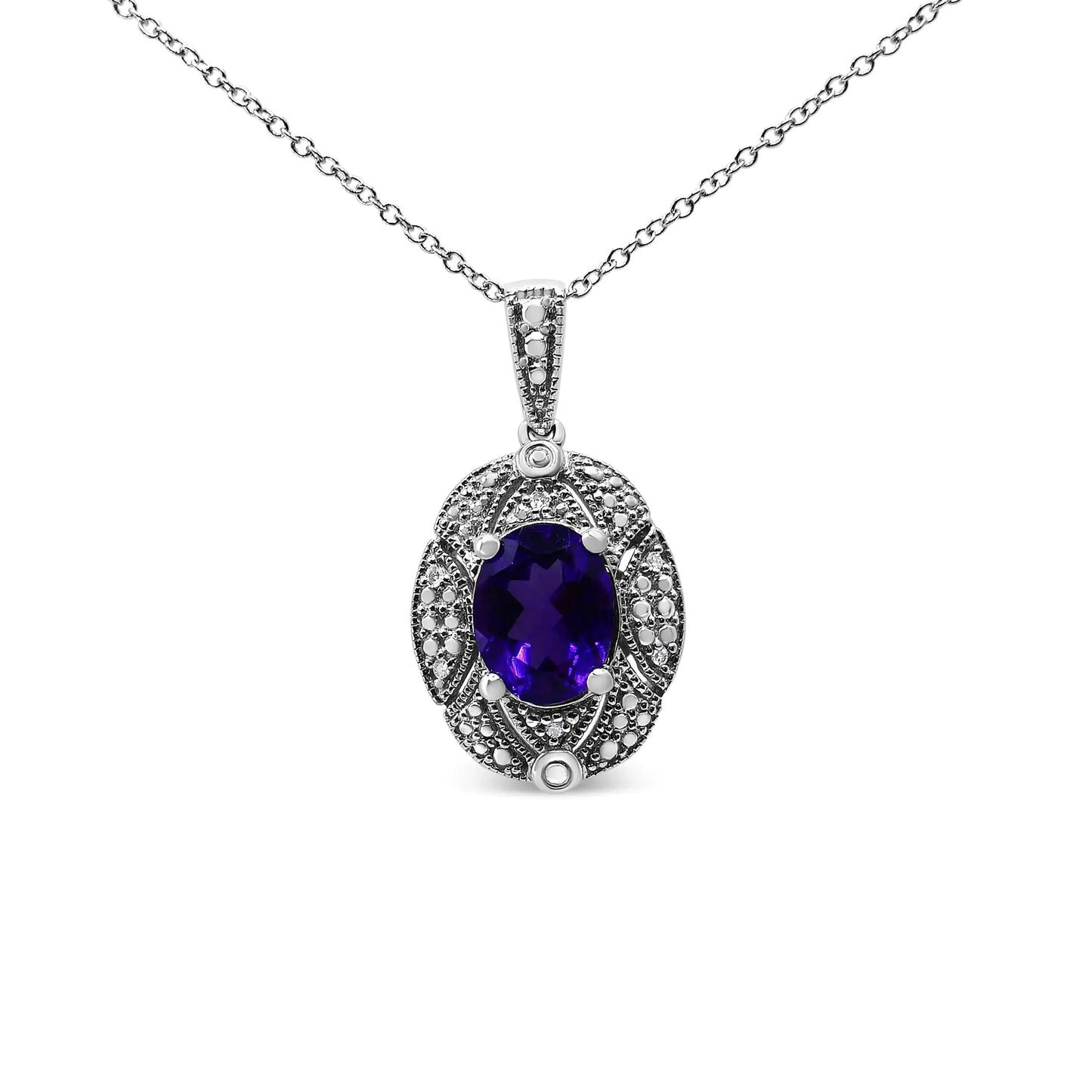 .925 Sterling Silver Diamond Accent and 9x7mm Purple Oval Amethyst Gemstone Pendant 18" Necklace (I-J Color, I1-I2 Clarity)